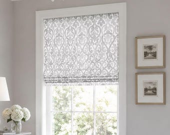 Roman Shade, Faux Shade Valance, Curtain, Gray White Medallion, Modern Room and Kitchen, Pinch Pleat Curtain Available, Alex in French Grey