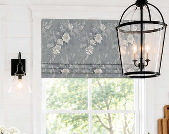 Roman Shade, Faux Shade Valance - Rod Pocket, Back Tab or Pinch Pleat Curtain, Off White, Smoky Gray Floral, Venata in Misty