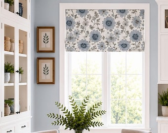 Roman Shade, Faux Shade Valance - Pinch Pleat, Back Tab, or Rod Pocket Curtain, Blue Gray White Floral Modern Kitchen, Bellingham in Blue