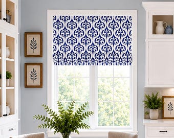 Roman Shade, Faux Shade Valance - Pinch Pleat, Back Tab, or Rod Pocket Curtain, Blue and White Modern Kitchen, Arlington in Royal