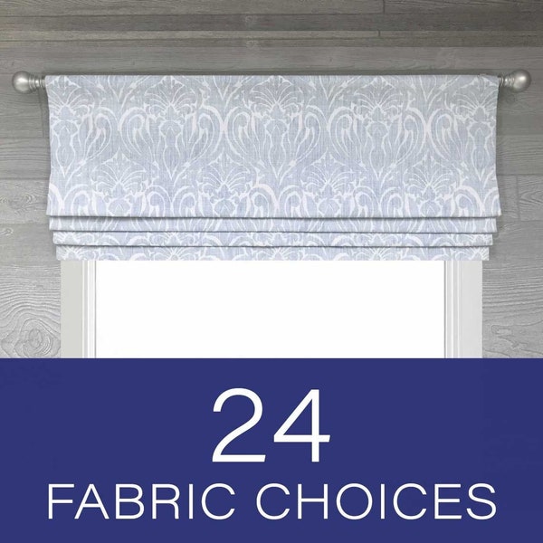 Faux Roman Shade Valance in Light Blue to Medium Blue and White/Off-White Made with Printed or Embroidered Fabrics up to 52" Wide