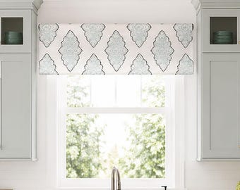 Lined Flat Kitchen Valance; Modern Diamond Medallions; White and Teal Straight Window Valance;  Monroe in Snowy; up to 52" Wide