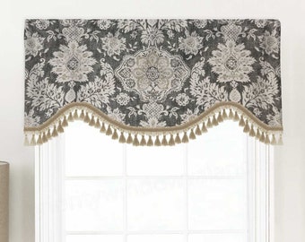 Shaped Rod Pocket Custom Valance, Fits Single Window 33 - 42" ONLY, Cream, Dark Grey, Navy; Large Florals, Magnolia Home Fashions Belmont