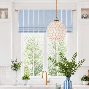 Blue Stripe Faux Shade Valance, Farmhouse Kitchen Roman Shade, Modern Coastal Window Treatment for Bathroom, Windridge Mineral Blue