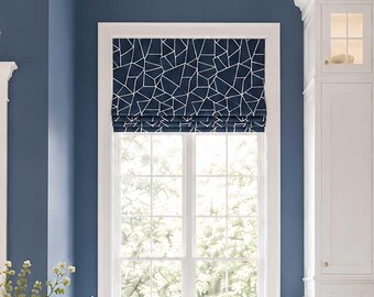 Navy Blue and White Faux Shade Valance, Modern Kichen Flat Roman Shade, Custom Window Valance, Window Treatment, Cut Glass in Italian Denim