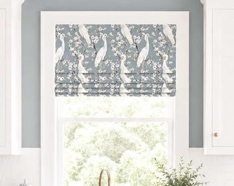 Kitchen Roman Shade, Chinoiserie Faux Shade Valance, Dark Blue and White Birds, Wading Stork in Mystery Blue