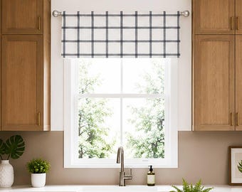 Lined Flat Valance; Modern Farmhouse Check; Perfect for Kitchens; Black and Off White; Aaron in Ink; up to 52" Wide