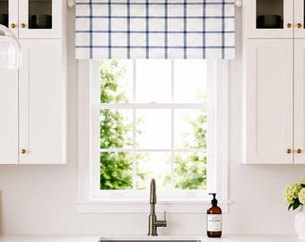 Lined Flat Valance; Modern Farmhouse Check; Perfect for Kitchens; Dark Blue and Off White; Aaron in Italian Denim; up to 52" Wide