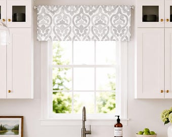 Lined Flat Valance; Straight Window Valance in Gray and White; Perfect for Kitchens; Alex in French Grey; up to 52" Wide
