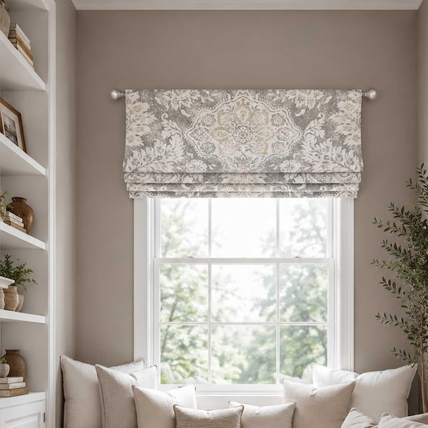 Roman Shade, Faux Shade Valance, Cream, Ivory and Gray Neutral, Floral, Belmont in Mist