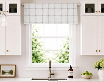 Lined Flat Valance; Modern Farmhouse Check; Perfect for Kitchens; French Grey and Off White; Aaron; up to 52" Wide