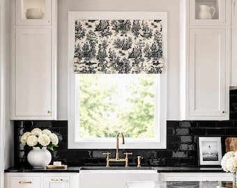 Roman Shade, Faux Shade Valance, French Country Toile Kitchen; Cream/Ivory, Colonial in Black Linen
