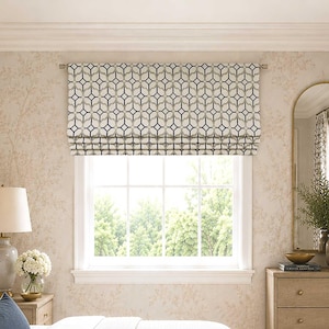 Dark Blue Beige and Cream Roman Shade for Bedroom, Faux Shade Valance in Modern Geometric Design, Custom Window Treatment, Rockaway in Navy