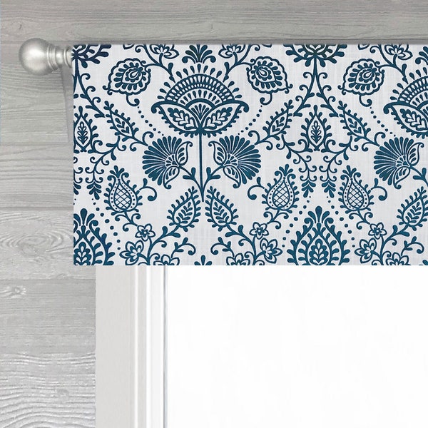 Lined Flat Valance; Modern Straight Valance in Dark Blue and Light Gray, Floral Paisley; ; Silas in Italian Denim; up to 52"W