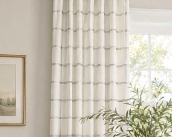 Pinch Pleat Back Tab or Rod Pocket Drapery Curtain, Modern Farmhouse Check; Grey, Off White, Aaron in French Grey, Sold Per Panel