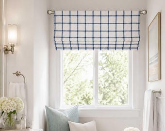 Roman Shade, Faux Shade Valance, Dark Blue, Off White, Kitchen Modern Farmhouse; Pinch Pleat Curtain Available, Aaron in Italian Denim