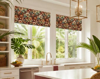 Roman Shade, Faux Shade Valance - Rod Pocket, Back Tab or Pinch Pleat Curtain, Green, Red, Tropical Floral, Borissa in Scarlet