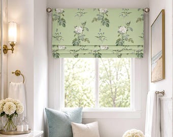 Roman Shade, Faux Shade Valance - Rod Pocket, Back Tab or Pinch Pleat Curtain, Green, Gray, White Floral, Salinas Branch in Mint