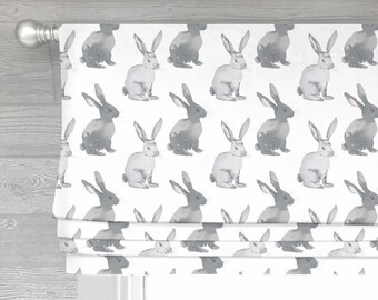 Bunnies in Gray Lined Faux (Stationary) Roman Shade Valance;  Custom Curtain