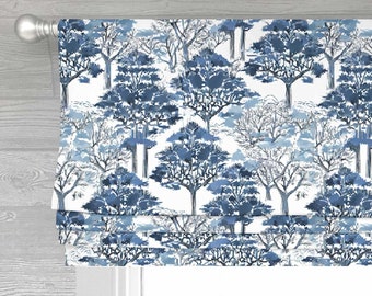 Branches in Blue Lined Faux (Stationary) Roman Shade Valance;  Custom Size, Blue and White Design for Easy Pacific Living