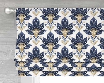 Suzette in Navy Lined Faux (Stationary) Roman Shade Valance;  Custom Curtain