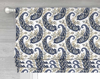 Yona Paisley in Navy Lined Faux (Stationary) Roman Shade Valance;  Custom Curtain