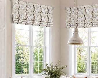 Roman Shade, Faux Shade Valance - Rod Pocket, Back Tab or Pinch Pleat Curtain, Floral and Bird Stripe, Climbing Up in Antique