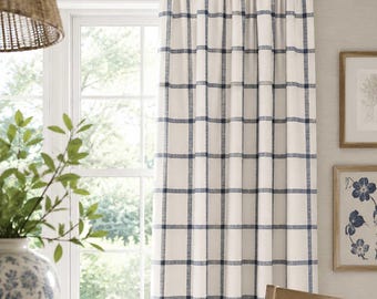 Pinch Pleat Back Tab or Rod Pocket Drapery Curtain, Modern Farmhouse Check; Dark Blue, Off-White, Aaron in Italian Denim, Sold Per Panel