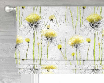 Dandelion Field in Gray Lined Faux (Stationary) Roman Shade Valance;  Custom Curtain