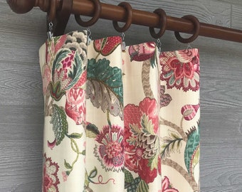 Finders Keepers in Raspberry Pair of Rod Pocket Drapery Panels or Cafe Curtains, Custom, Jacobean Floral; Red, Crimson, Green on Light Ivory