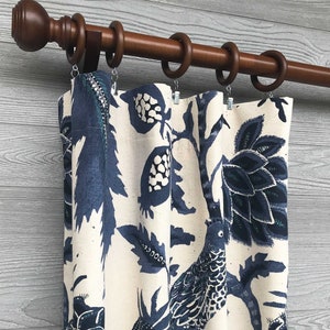 Nighting in Indigo Rod Pocket Drapery Panel Pair 84 96 108 120, Cafe Curtain, Custom, Heavyweight Linen Blend, Large Floral and Bird Print