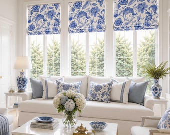 Roman Shade, Faux Shade Valance - Curtain, Jacobean Floral in Deep Blue on Bright White; Arabesque Floral in Marina