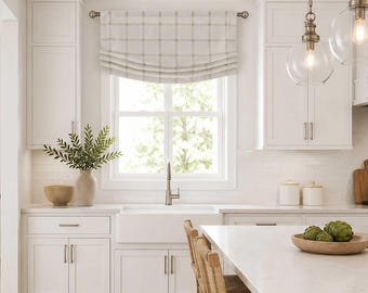 Custom Relaxed Roman Shade Balloon Valance in French Grey; Single Window Only; Modern Farmhouse Plaid/Check, Aaron
