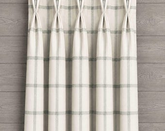Pinch Pleat Rod Pocket Back Tab Drapery, Modern Farmhouse Check for Kitchen; Green and Off-White, Aaron in Waterbury, Sold Per Panel