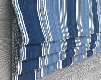 Lined Navy, Blue, and White Modern Stripe Faux (Fake) Roman Shade Valance; Waverly; Spotswood Stripe in Porcelain;