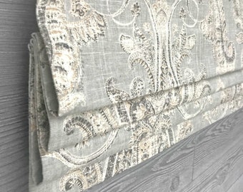 Lined Faux Fake Roman Shade Valance; Traditional Floral Medallion Paisley in Neutral Light Gray Linen; Fair Trade in Thunder;