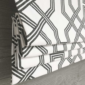 Lined Heavyweight Linen Blend Faux Fake Roman Shade Valance; Black and White Modern; Geometric, Fully  Ander;