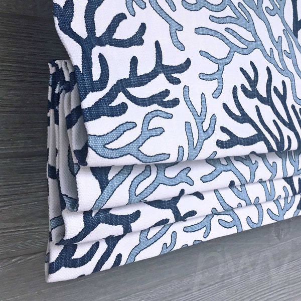 Lined Navy Blue and White Faux (Stationary) Roman Shade Valance; Beach House, Modern, Coastal,  Coral Reef;