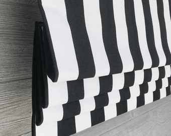 Lined Faux Fake Flat Roman Shade Valance, Bold Black and White Modern Awning Stripes - Canopy;  Custom Sizing