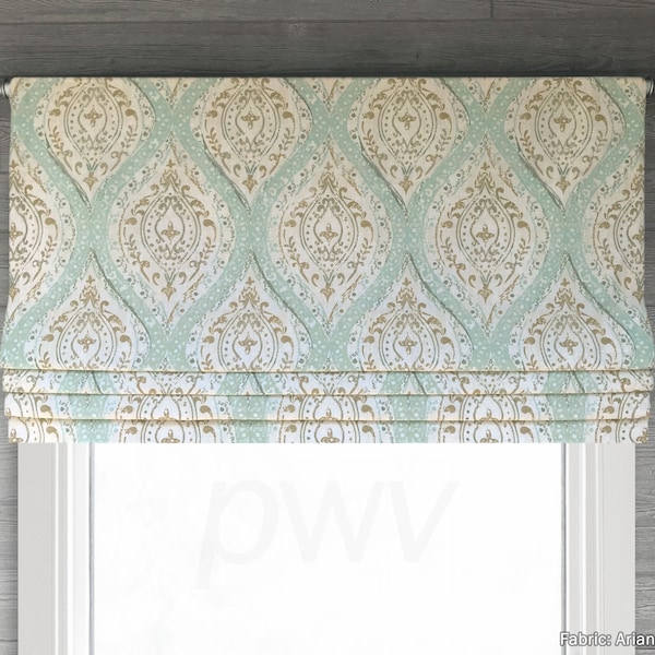 Lined Spa Blue / Green Faux (Stationary) Roman Shade Valance; Ivory, Off White, Tan; Floral Medallions; Magnolia Home Ariana;