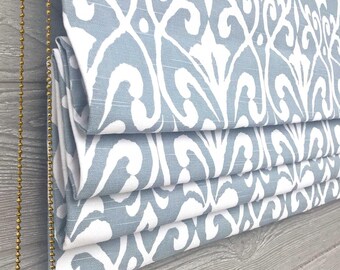 Roman Shade Made in Field in Blue Fabric, Functional Slatted Blind, Custom Sized