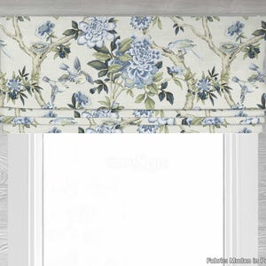 Lined Blue and Light Cream Faux Roman Shade Window Valance; Traditional Floral and Bird Toile Curtain, Mudan in Porcelain