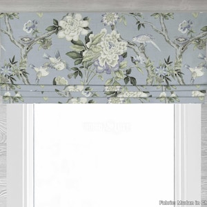 Lined Ashy Blue and Pale Cream Faux Roman Shade Window Valance; Traditional Floral Bird Toile Curtain, Mudan in Chambray