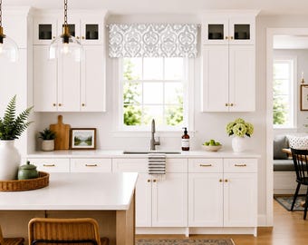 Lined Flat Kitchen Valance; Straight Window Valance in Gray and White; Perfect for Kitchens; Alex in French Grey; up to 52" Wide