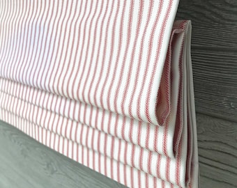 Lined Red and White Classic Ticking Stripe Faux (Mock) Roman Shade Valance; Curtain for Country Kitchens, Classic Ticking Stripe in Lipstick