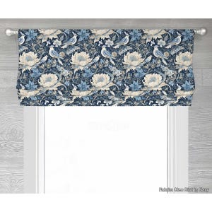 Oleo Bird in Navy Lined Faux (Fake) Roman Shade Window Valance;  Custom Curtain, Bird Toile and Floral in Blue