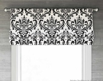 Lined Black and White Faux (Fake) Roman Shade Valance; Modern Damask Medallions Custom Window Curtain; Traditions in Black/White