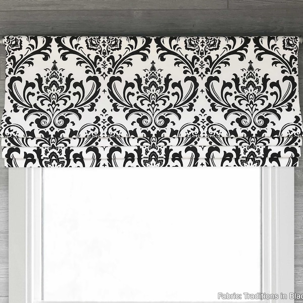 Lined Black and White Faux (Fake) Roman Shade Valance; Modern Damask Medallions Custom Window Curtain; Traditions in Black/White