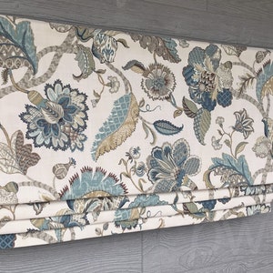 Lined French Blue Faux Fake Roman Shade Valance Jacobean Floral Teal, Brown on Light Ivory Finders Keepers Pattern I image 3