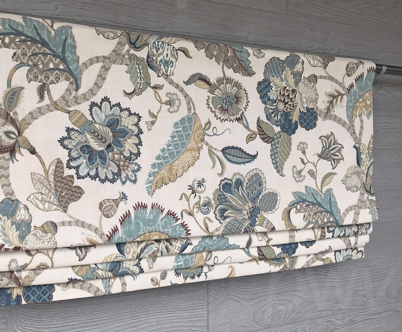 Lined French Blue Faux Fake Roman Shade Valance Jacobean Floral Teal, Brown on Light Ivory Finders Keepers Pattern I image 3